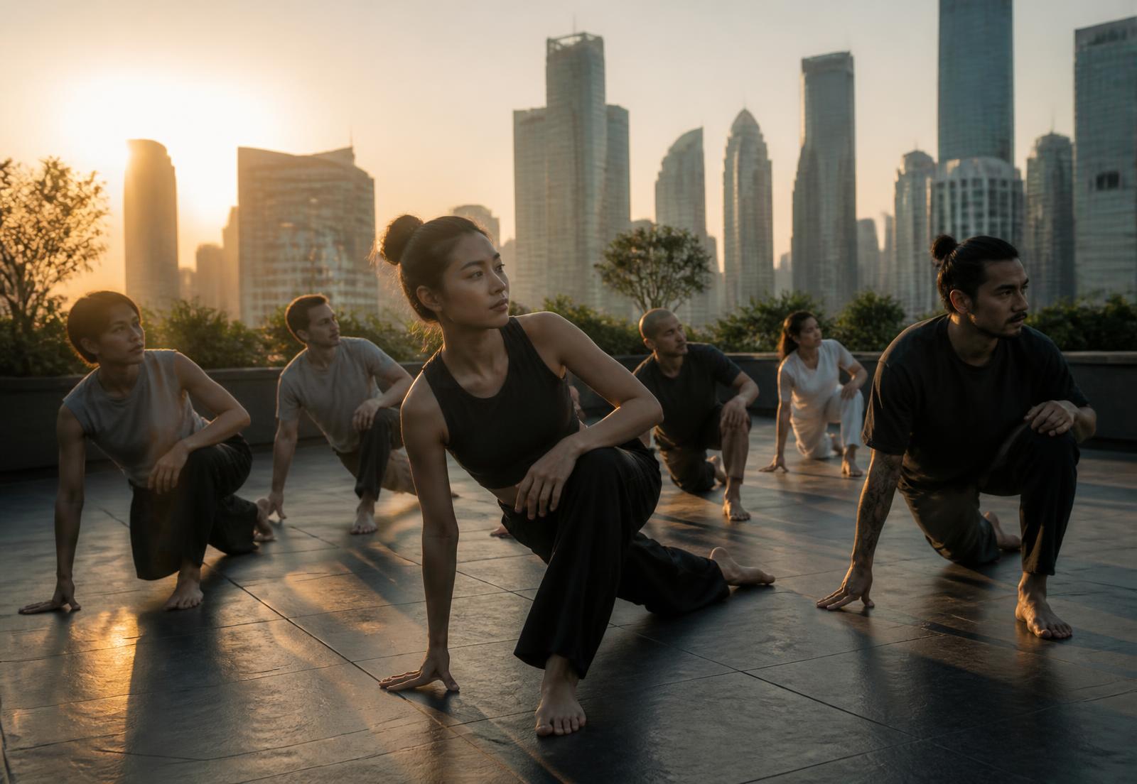 A group moving together on a city rooftop at sunrise